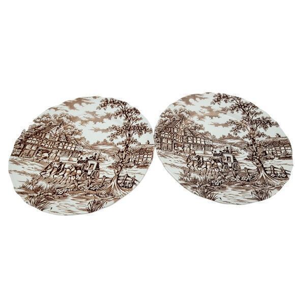 Franciscan Transferware Coaching Days Staffordshire 2 Vintage Dinner Plates - Picture 1 of 9